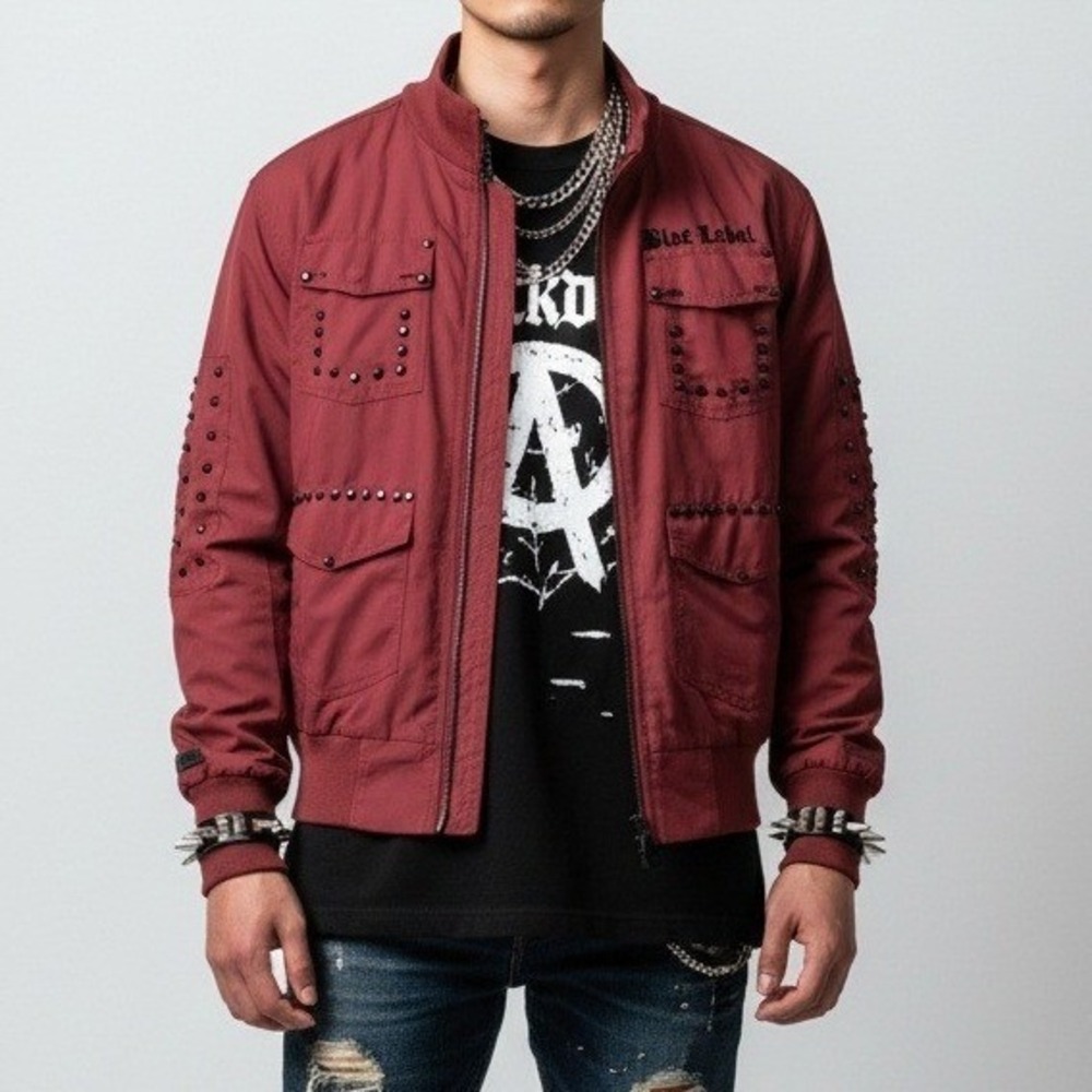 Blac Label Mens Studded Punk Attitude Bomber Jacket Burgundy Red Large Cotton